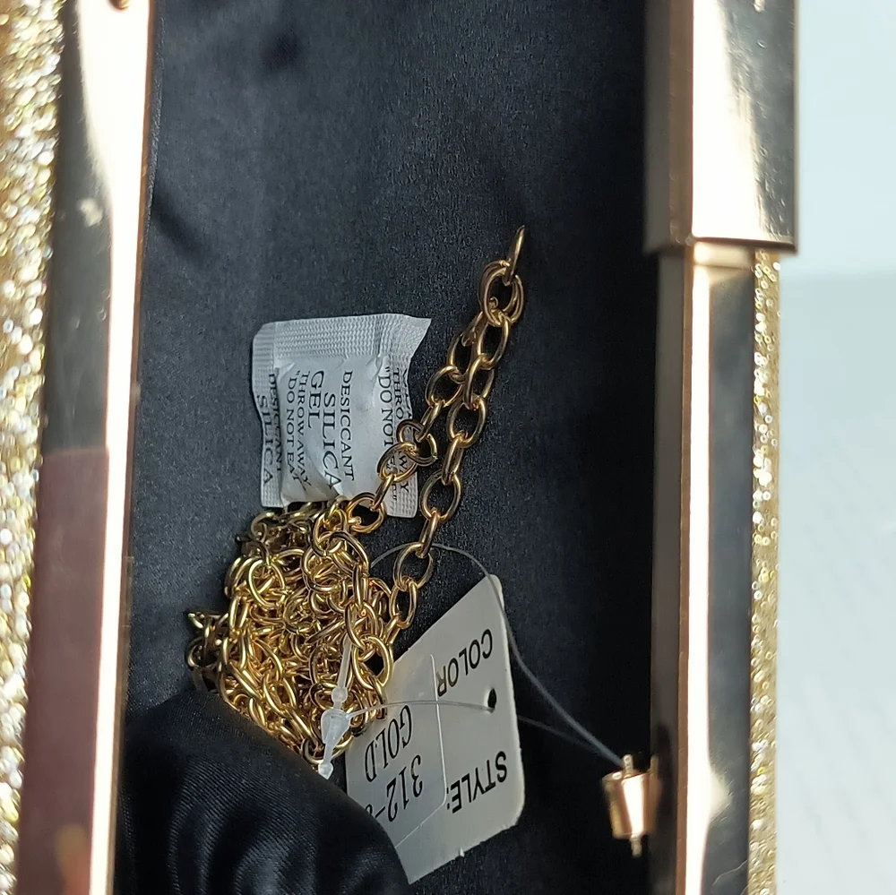 Shimmer Gold Sequin Evening Clutch Bag Clasp Closure Rhinestone Metal Strap